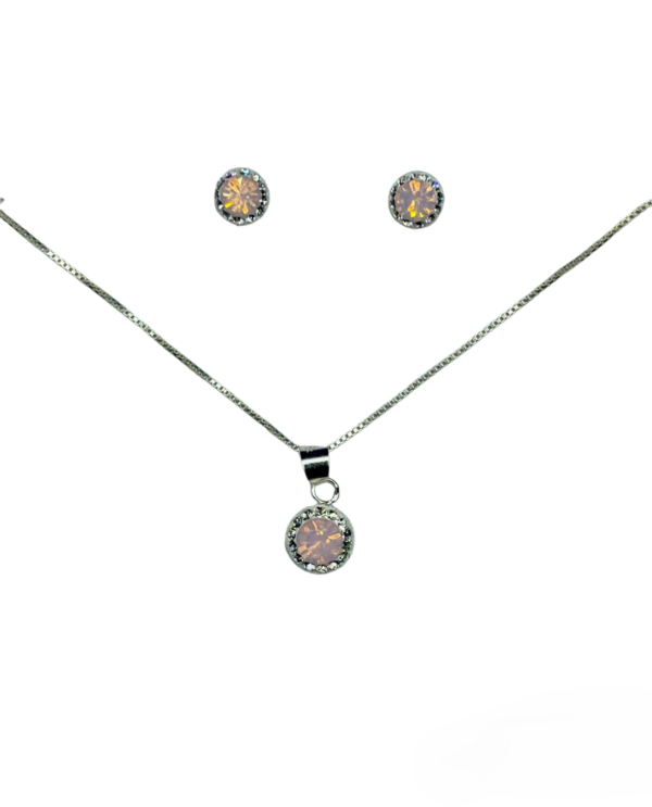 CONJUNTO DE PLATA FINA CON CIRCON Y CRISTAL ROSA CUARZO