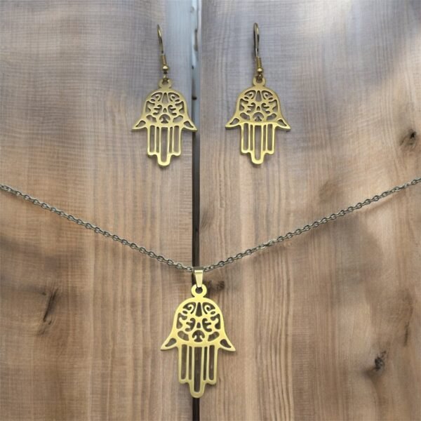 CONJUNTO EN ACERO QUIRURGICO MANO DE FATIMA DORADO