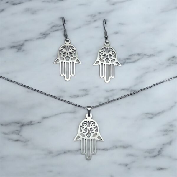 CONJUNTO EN ACERO QUIRURGICO MANO DE FATIMA