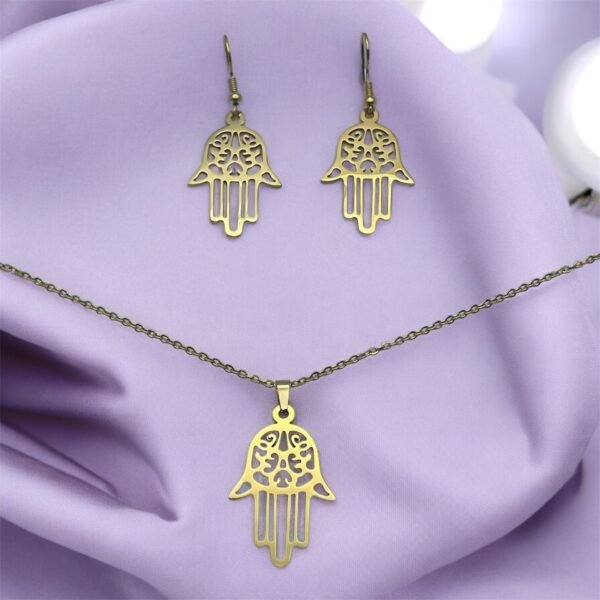 CONJUNTO EN ACERO QUIRURGICO MANO DE FATIMA DORADO