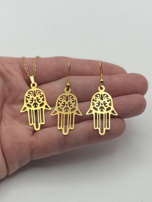 CONJUNTO EN ACERO QUIRURGICO MANO DE FATIMA DORADO