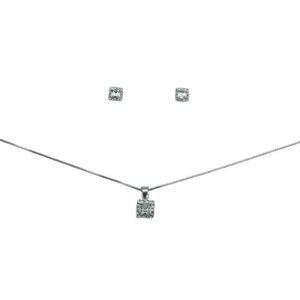 CONJUNTO DE PLATA FINA CON CIRCON Y CRISTAL CUADRADO BLANCO