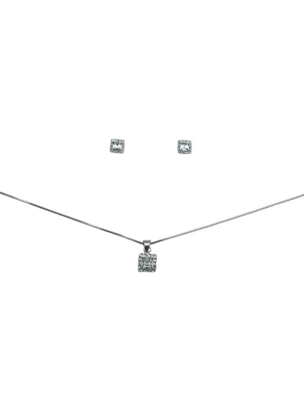 CONJUNTO DE PLATA FINA CON CIRCON Y CRISTAL CUADRADO BLANCO