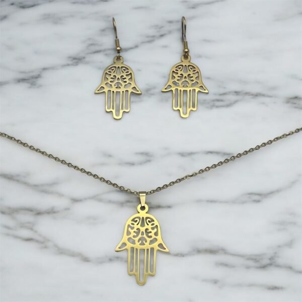 CONJUNTO EN ACERO QUIRURGICO MANO DE FATIMA DORADO